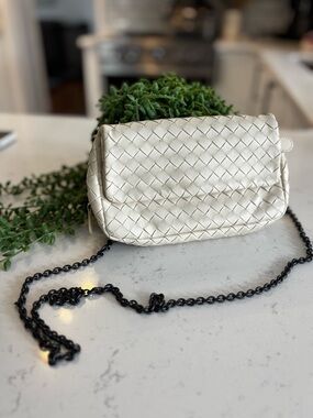 Bottega Veneta Ivory Woven Leather Crossbody with Black Chain